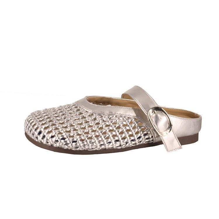 Women's 2025 Summer Mary Jane Mules: French Style Woven Fishnet Closed-Toe Slippers with Soft Sole and Flat Heel