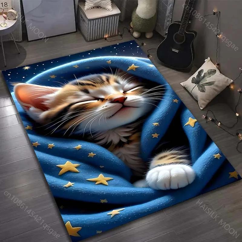 15 Sizes Blue Blanket Cat Print Carpet for Bedroom Living Room Bedside Sofa Floor Mat Modern Home Decor Play Area Rug Great Gift