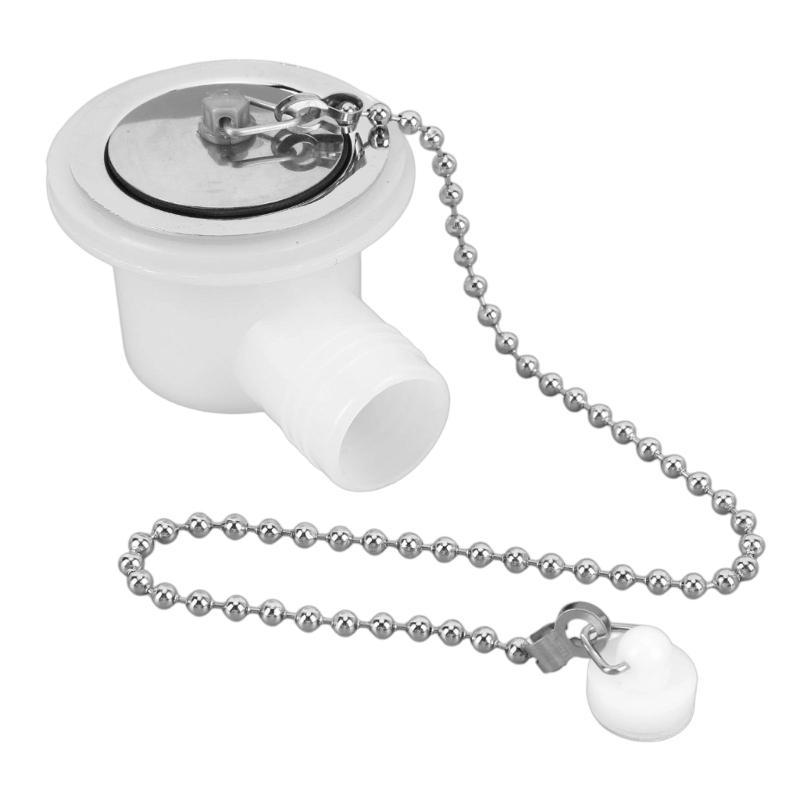 Sink Drain Assembly for Trailer and Boat Use, Angled Side Outlet Drain Fitting with Cap Chain, Plastic Body and Stainless Trim for Sink Repair