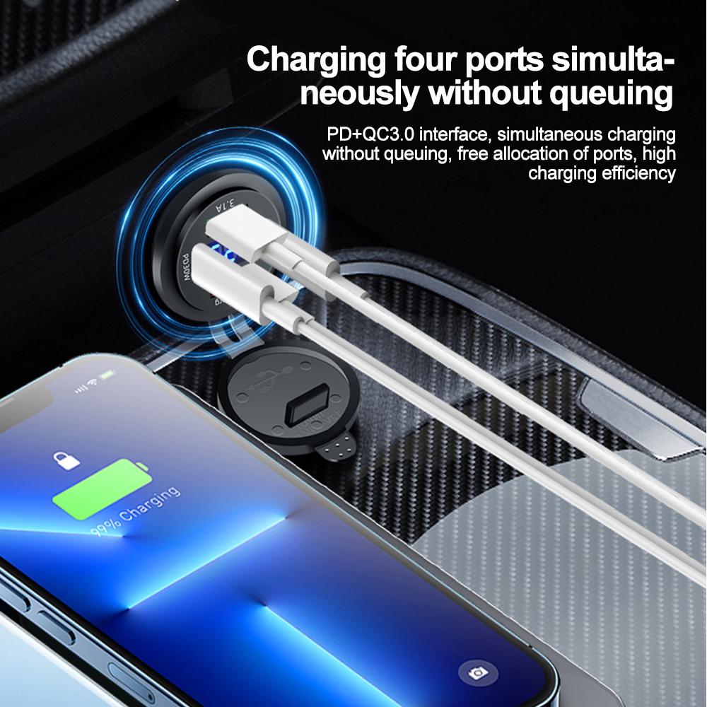 83W Zásuvka nabíječky do auta PD 30W Rychlé nabíjení Dvojitý USB+Type C Výstup Telefonní napájecí adaptér s voltmetrem pro motocykl, nákladní automobil, loď