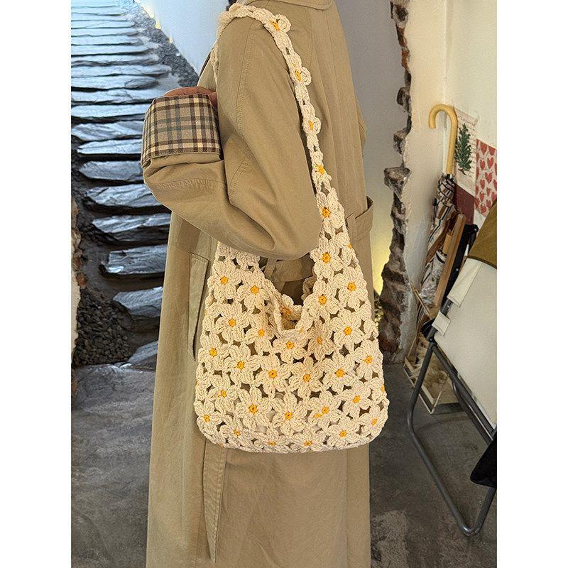 Sac fourre-tout en tricot, Sac à bandoulière unique fait main style rural, Sac style vacances pour le trajet