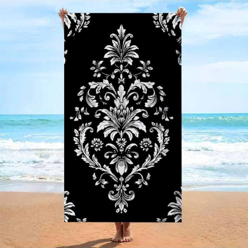 

1pc Oversized Vintage Baroque-Style Floral Beach Towel - Black & White Damask Large Bath Towels for s, Soft Microfiber Fabric W40*H60(CM)