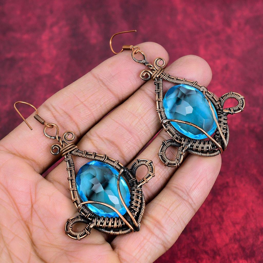 Faceted swiss blue topaz earring copper wire wrapped earring handmade copper jewelry gemstone earrings gifts for mother wire wrapped jewelry