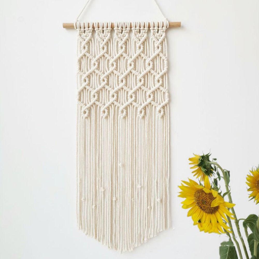Beige Boho Wall Hanging Decor Cotton Thread Wall Pendant Exquisite Lotus Woven Tapestry Bedroom