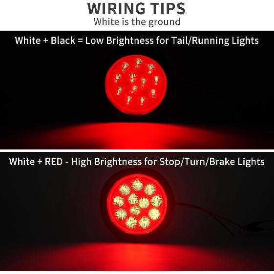 2PCS 4" Round Red LED Trailer Tail Lights - 12 Diodes 3-In-1 Stop/Brake/Turn Lights W/Surface Mount Grommets & 3-Prong Pigtails For Truck Trailer RV