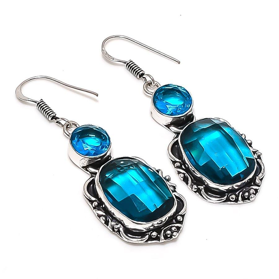 Natural Swiss Blue Topaz Gemstone 925 Sterling Silver Jewelry Earring 2.17" P1c29