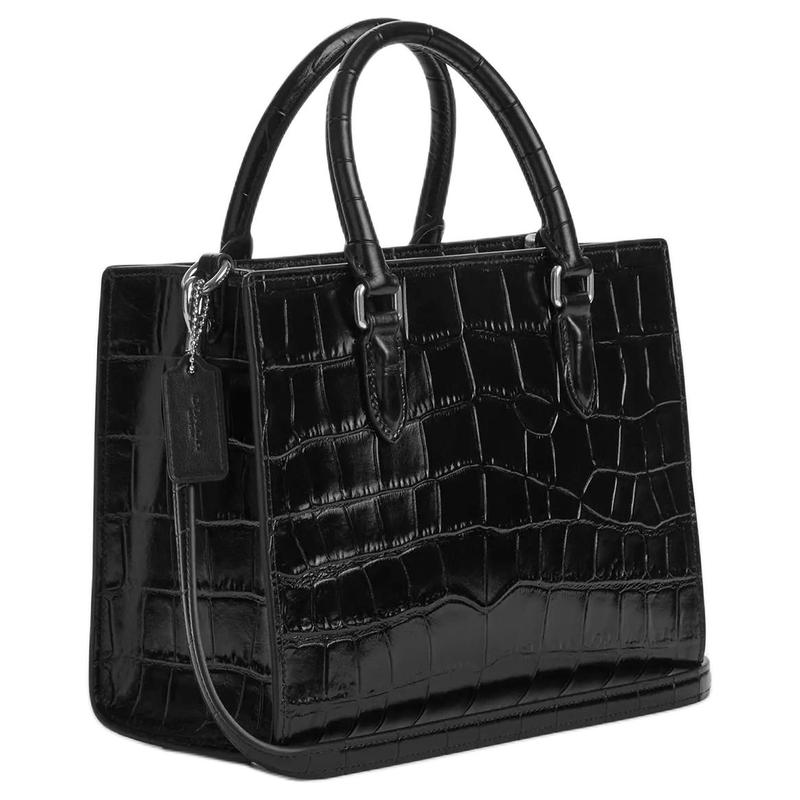 Coach Maggie 24 Brand Logo Crocodile Embossed Leather Tote Bag Tote Bag Shopping Bag Shoulder Crossbody Handbag Medium Size Women's Silver and Black