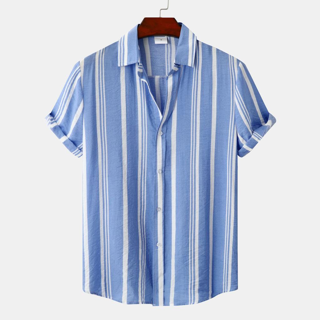 Men's Striped British Style New Cross 1D Digital Printing Summer Casual Short Sleeve Shirt Premium Sense