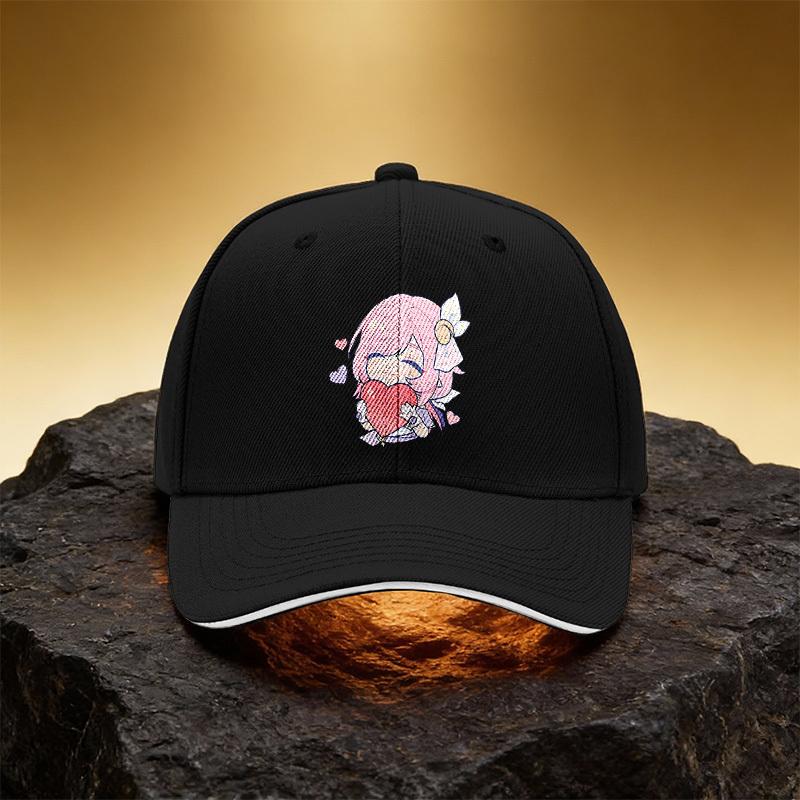 Pink-Haired Anime Character Holding a Heart Printed Baseball Cap, Unisex Sandwich Brim Snapback Sports Cap, Suitable for