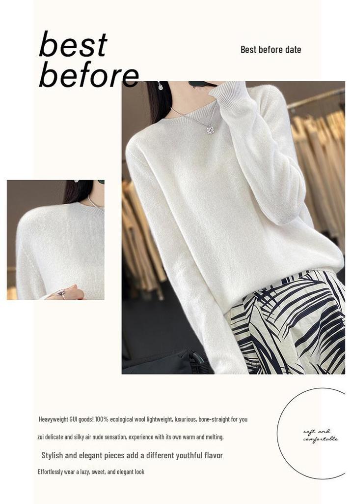 Women's 100% Wool Round Neck Sweater – Casual, Loose Knitwear, Minimalist Base Layer