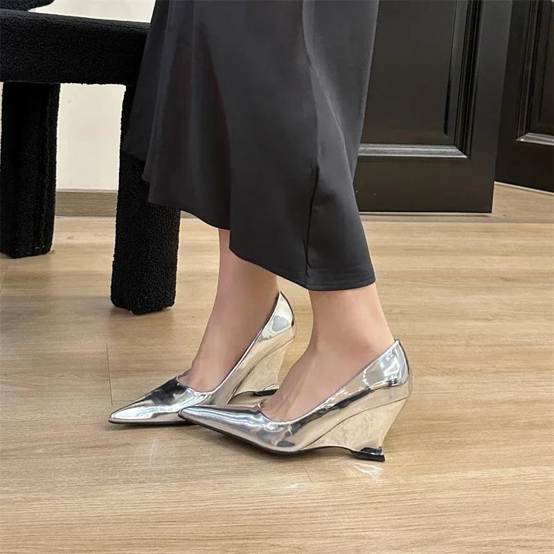 Pesstwei Spring Sexy High Heel Pointed-Toe Wedge Heel Women's Leather Shoes Silver Red Wedding and Banquet Shoes Size 40