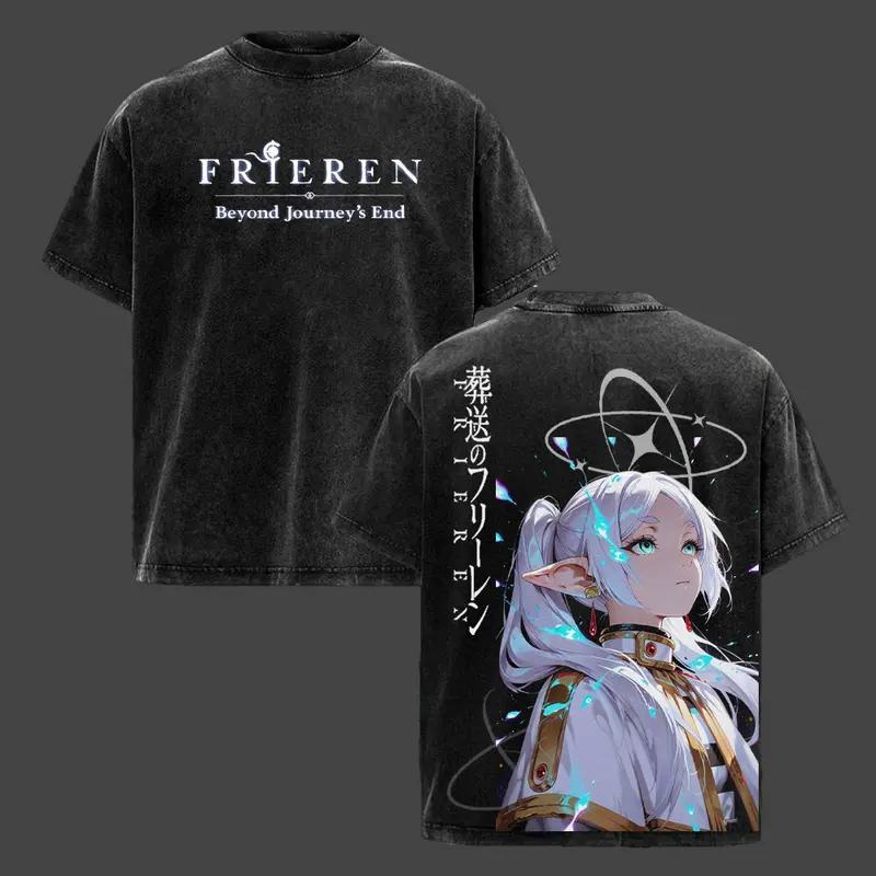 

Frieren Beyond Journey s End Graphic T Shirt Men Women Cotton Tshirts Vintage Washed Tee Harajuku Male Casual Oversized T-shirt S чёрный