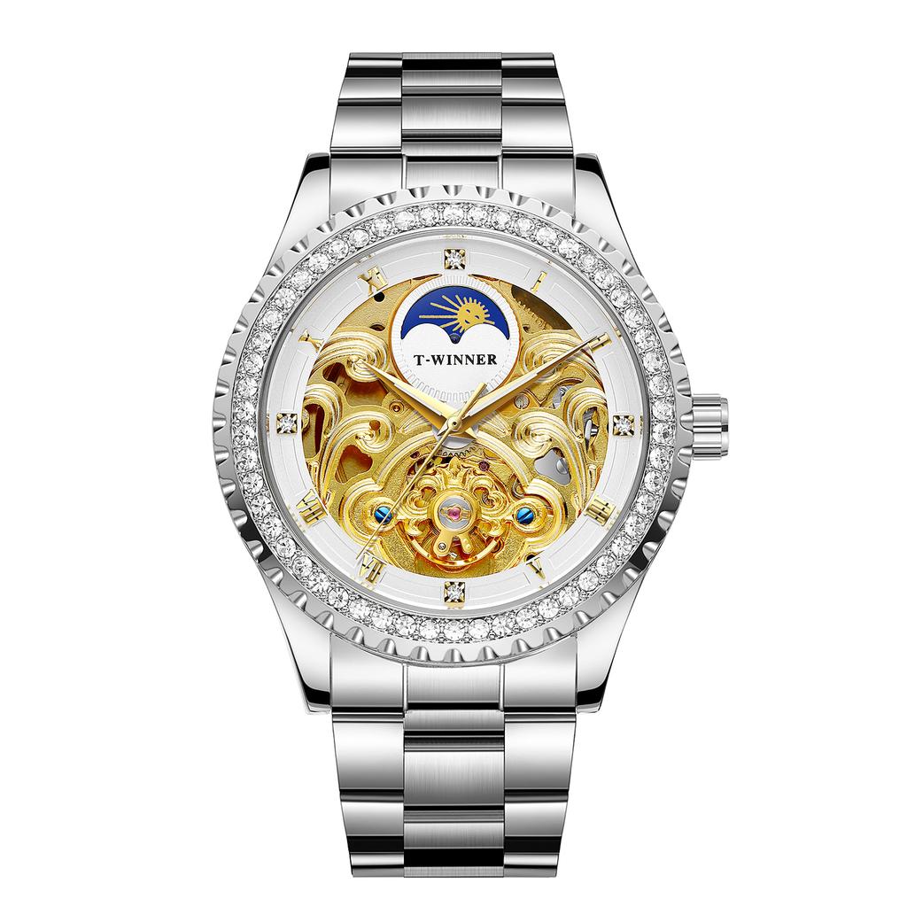 Luxury Men's Gold Case Mechanical Watch with Moon Phase Stainless Steel Strap Waterproof Automatic Wristwatch for Male Fashion