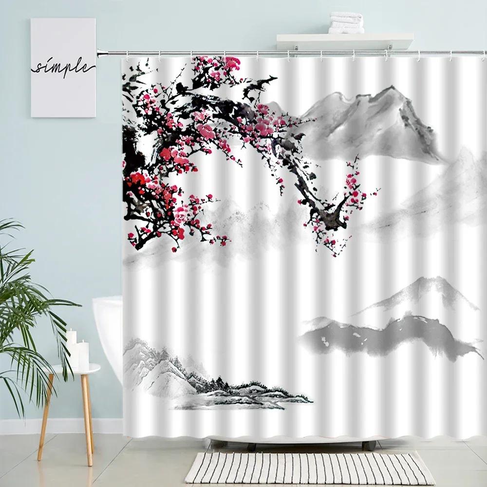Chinese Ink Landscape Shower Curtain Japanese Cherry Blossom Watercolor Mountain Natural Scenery Waterproof Cloth Bathroom Decor