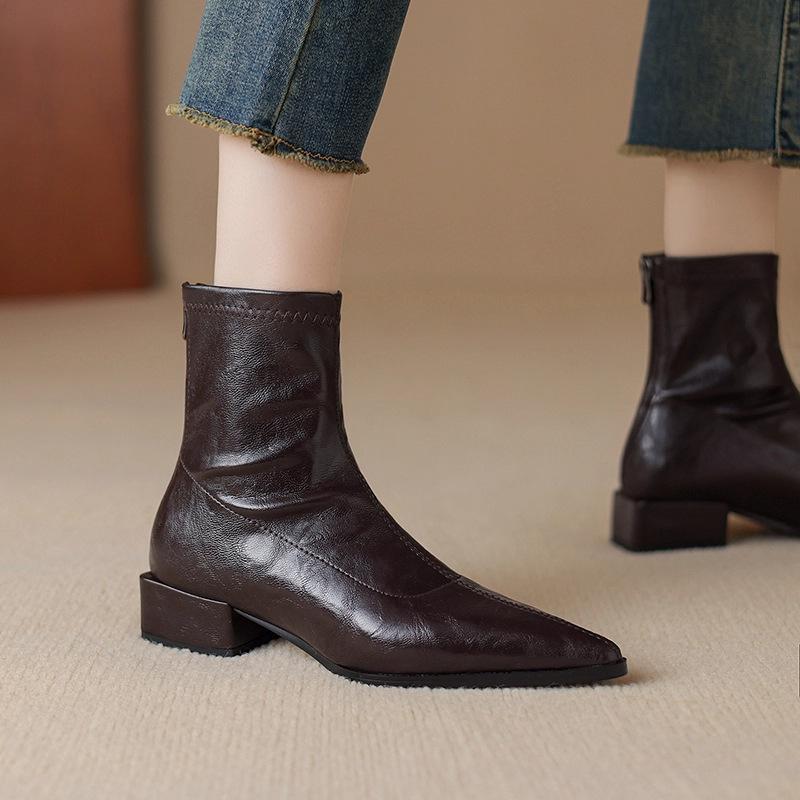 French pointed low heel brown elastic thin boots 2025 autumn and winter new thin short boots women's retro Chelsea boots