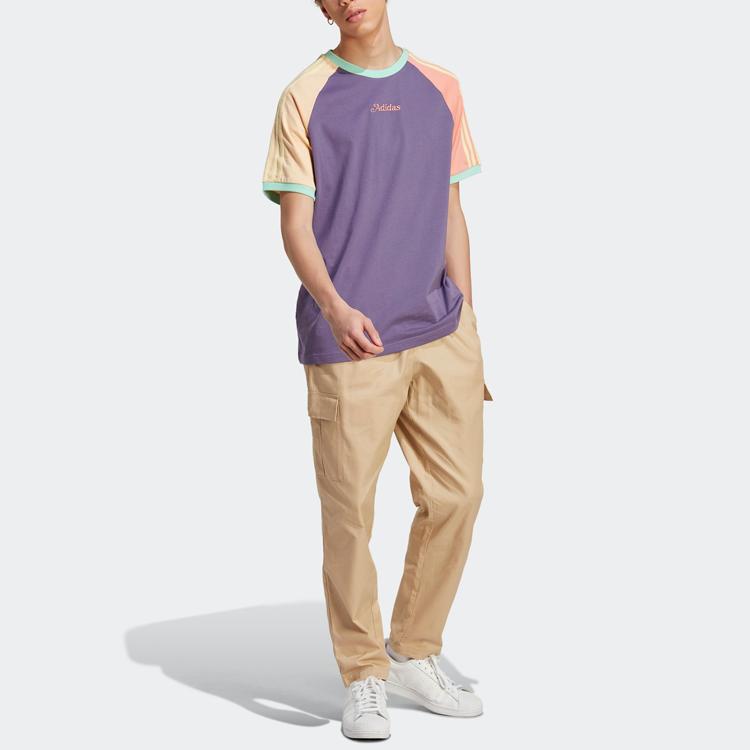 Adidas Originals Bucură-te Tricou Raglan Colorblock în Dungi Mânecă Scurtă Sport Bărbați Topuri Violet Tehnic IT8189