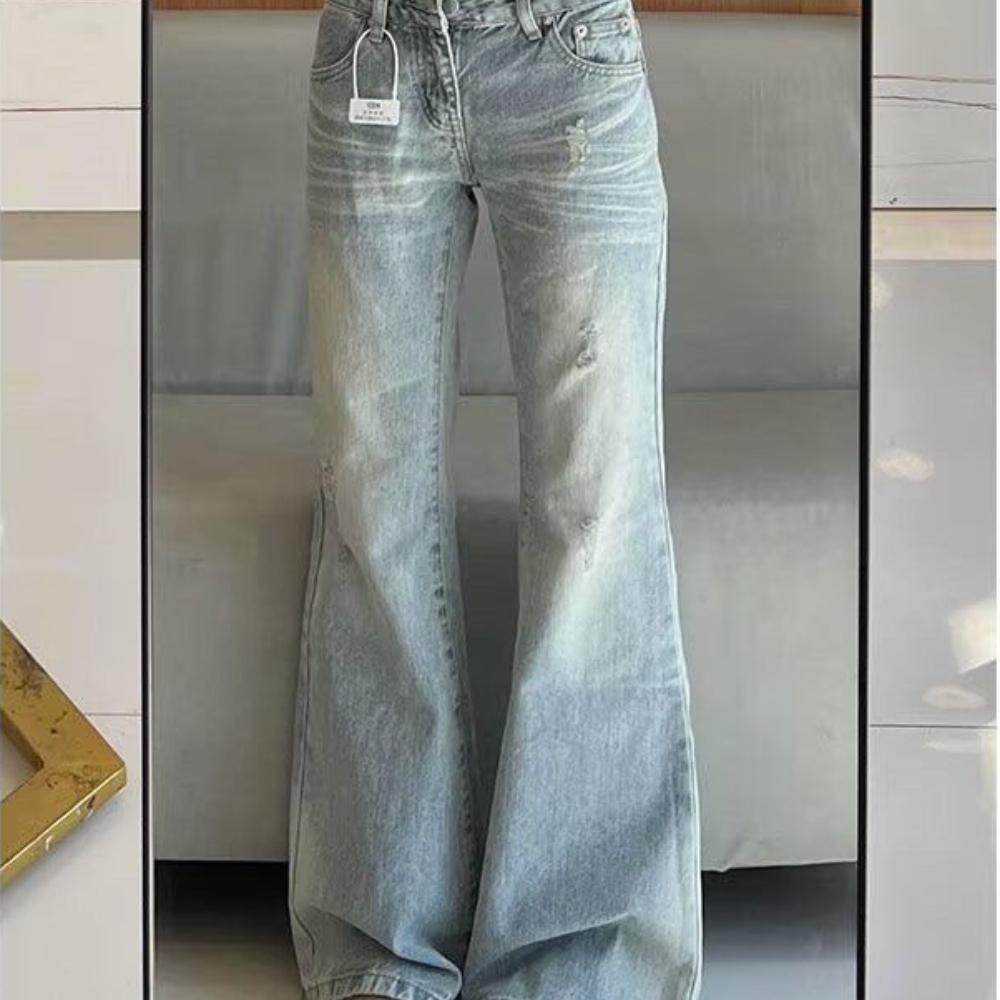 Women s Mid Waist Lace Trim Light Blue Flare Jeans Distressed Loose Wide Leg Denim Pants Streetwear S светло-синий