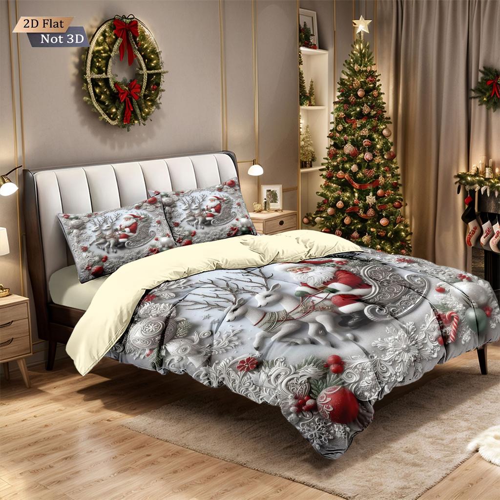3pcs imitation relief Santa Claus printed coreless bedding set, multi size bedroom bedding decoration, machine washable