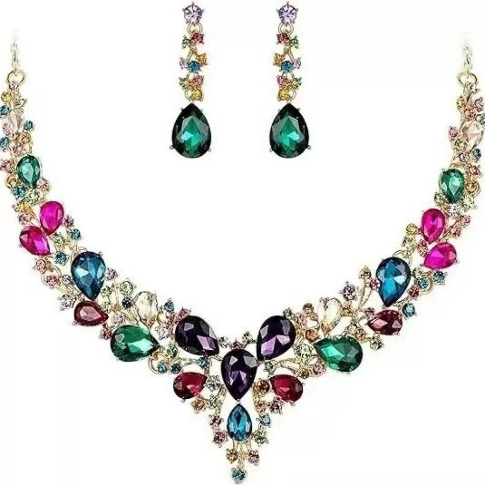 Popular Water Drop Women's Alloy Bridal Necklace Earrings Two-piece Set New Clavicle Short Necklace