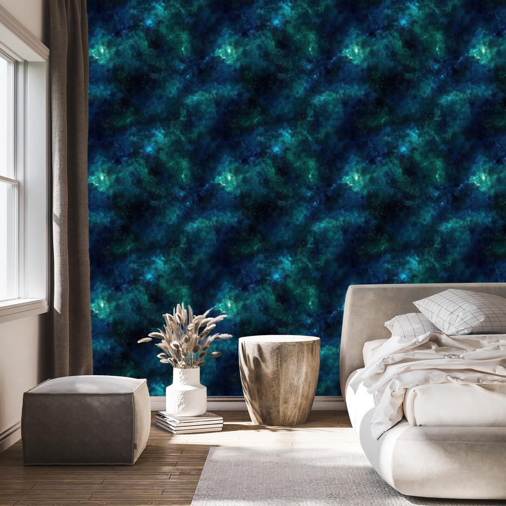Watercolor Galaxy Wallpaper Navy Blue, Turquoise and Black 50x1000
