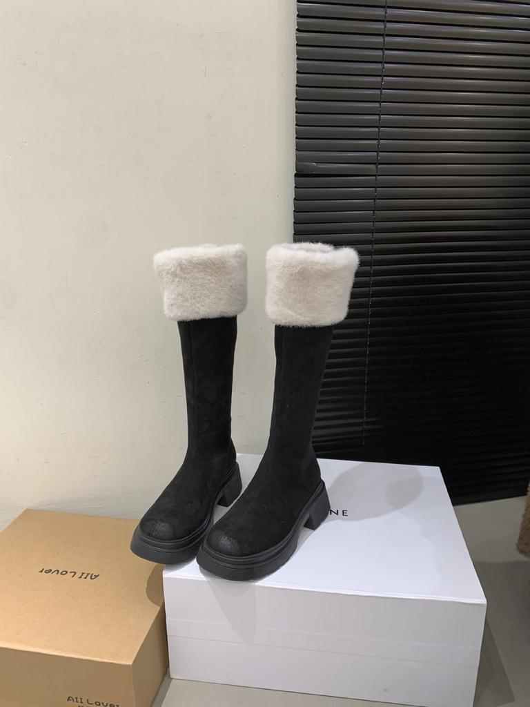 2025 autumn and winter new round head suede rear zipper thick heel tall tube Martin warm snow female knight boots