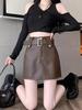Vintage Pu Leather Skirt for Women Spring Autumn High Waist A- Line Package Hip Shorts Skirt Y2k Korean Fashion Clothing