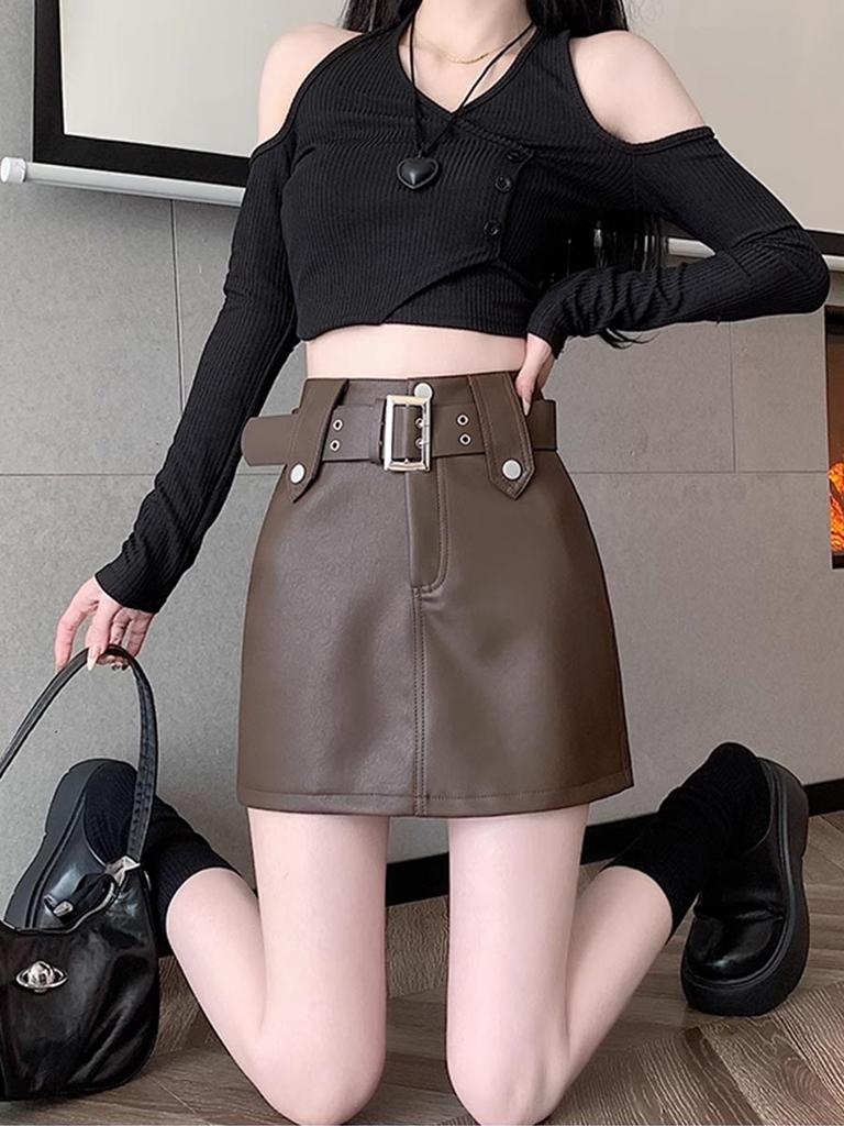 Vintage Pu Leather Skirt for Women Spring Autumn High Waist A- Line Package Hip Shorts Skirt Y2k Korean Fashion Clothing