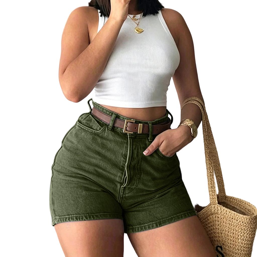 Women High Waist Vintage Denim Shorts Slim Fit Casual Hot Pants with Belt for Summer Everyday Wear