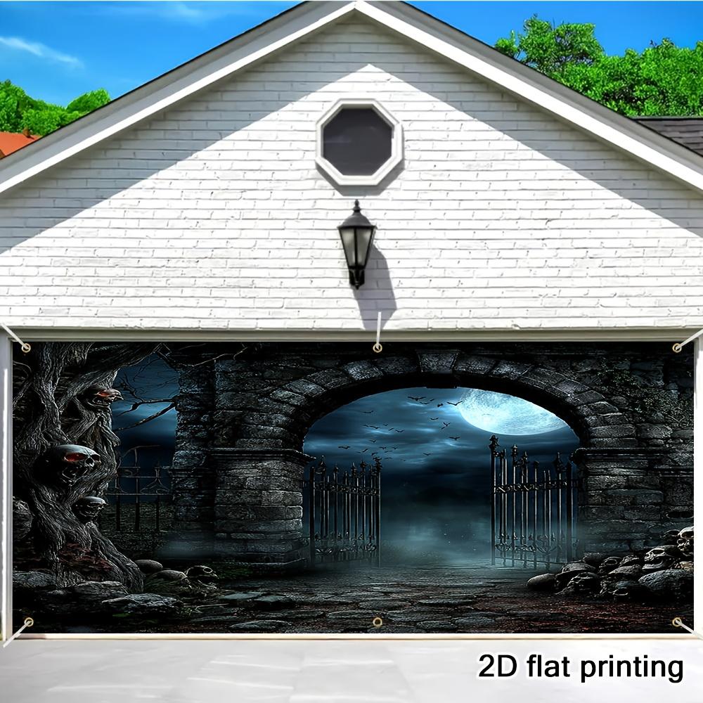 2D flat-printed garage banner with a scene of a skull tree tombstone and a garage door banner with a pattern of this scene.PMJ