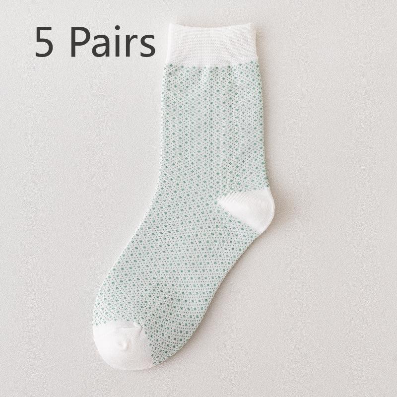 5 Pairs Socks Women's Autumn and Winter Mori Green Mid-calf Socks White Trend High Top Socks Cotton Socks Dotted Plaid Stockings