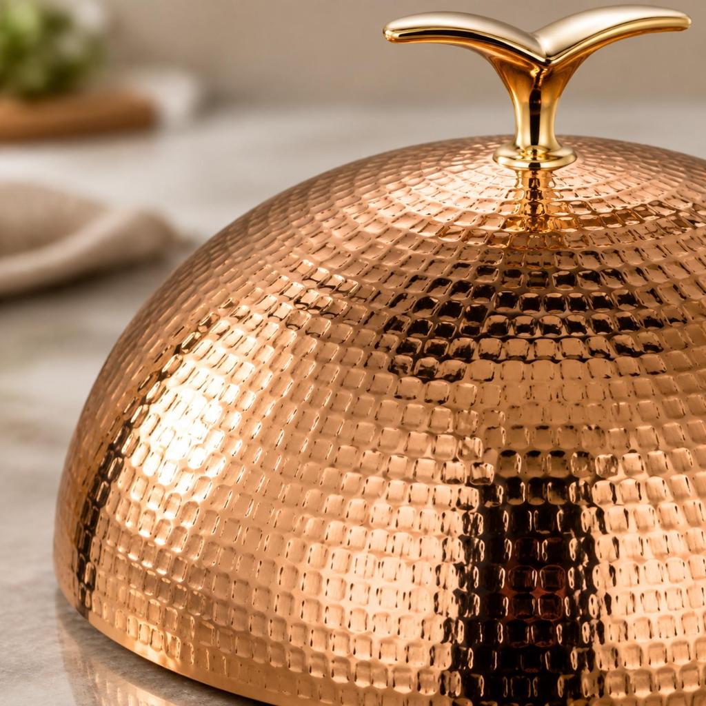 Reflective Rose Gold Domed Plate Cover Dishwasher Safe Hammered Food Dome with