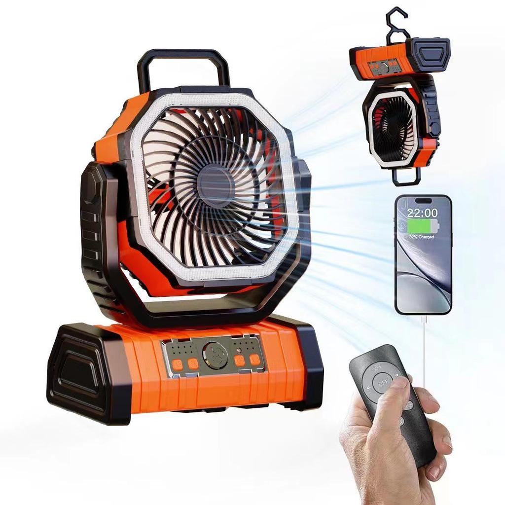Portable Outdoor Fan with Speed Control, Remote, Charging, Large Airflow, and Lighting