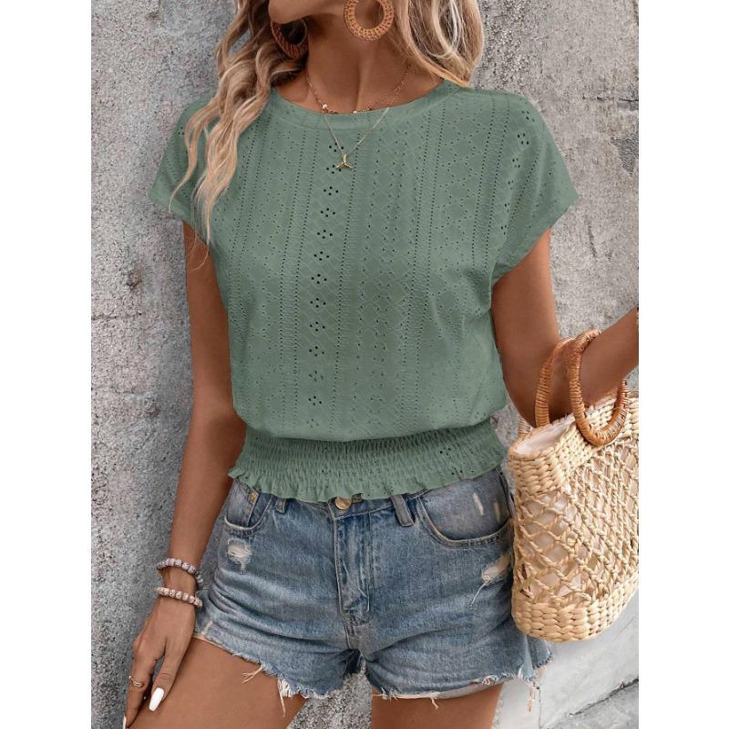 Camiseta de manga corta con cuello redondo y estampado de jacquard para mujer, estilo informal, para primavera y verano