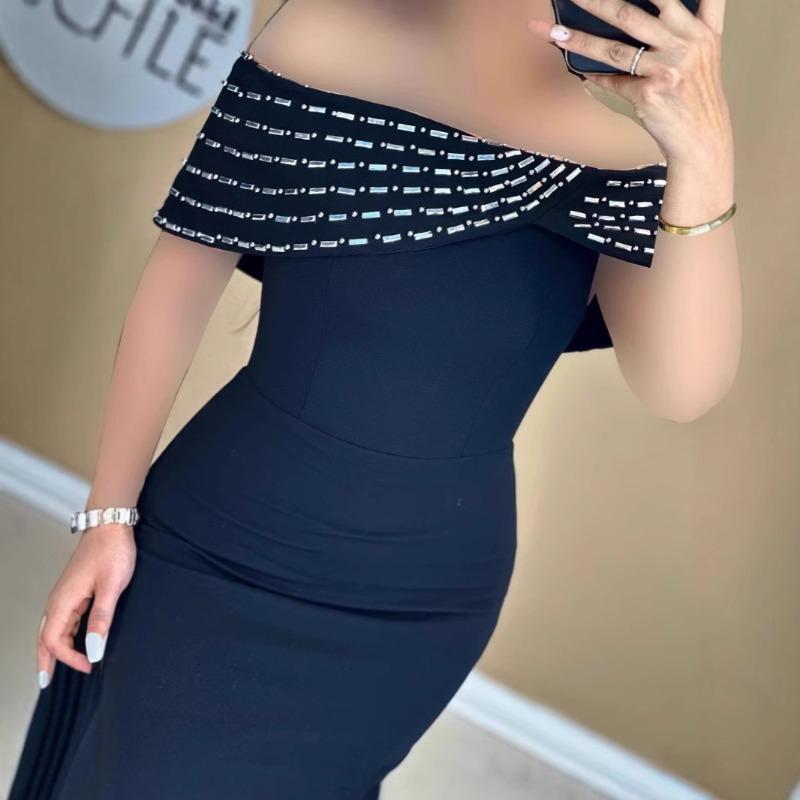 Summer new one-word shoulder bandage dress sleeveless diamond socialite slim slim slim dress sexy dress