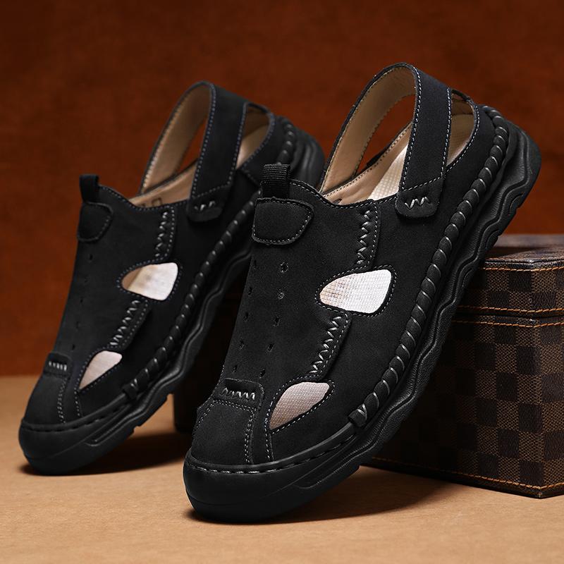 

Brand Handmade Leather Men s Casual Sandals Classic Men Summer Outdoor Soft Walking Flats Sandals Breathable Versatile Sandals 48 чёрный