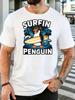 Surfin Penguin Palm Tree Ocean Surfboard Graphic Unisexs Cotton Crew Neck Tee Short Sleeve Loose Beach Summer Street Male Wear Top