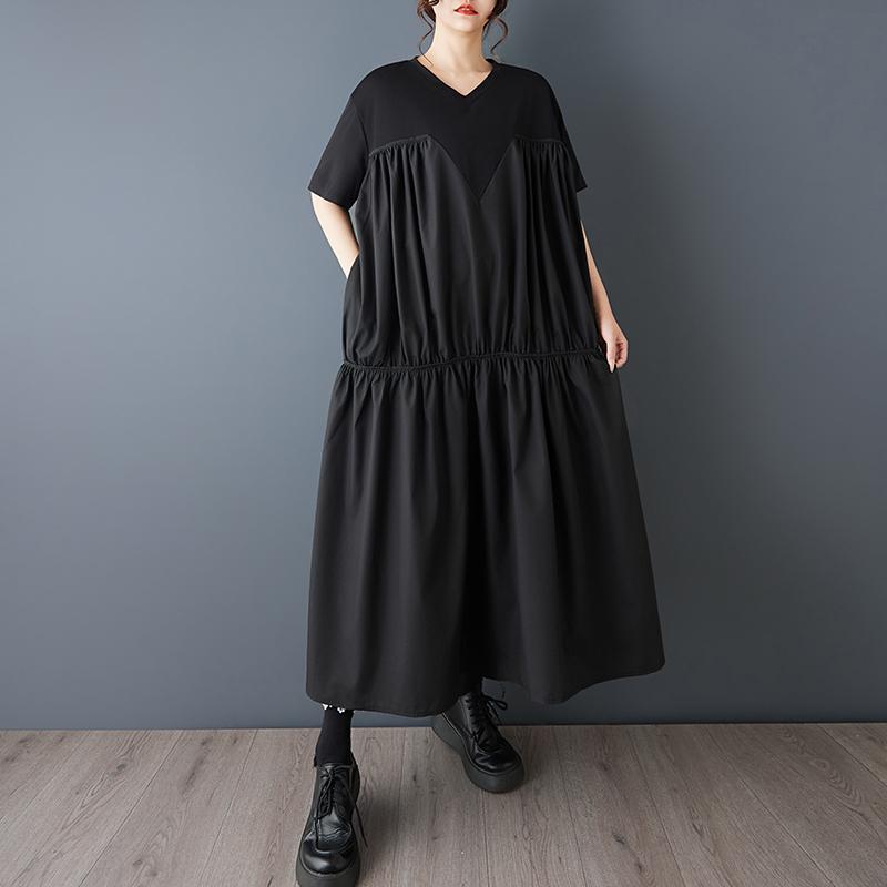 DIMANAF 2026 New Spring Summer  Plus Size Women Black Dress Fashion Lady Loose Casual Long Dress Solid Pleated Skirt