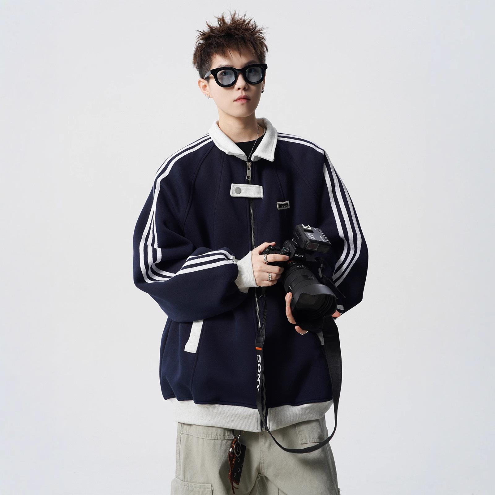 

Осенняя плотная американская спортивная куртка с вставками, мужская трендовая брендовая универсальная куртка для пары, уличная хулиганская полосатая бейсбольная майка 3XL тёмно-синий