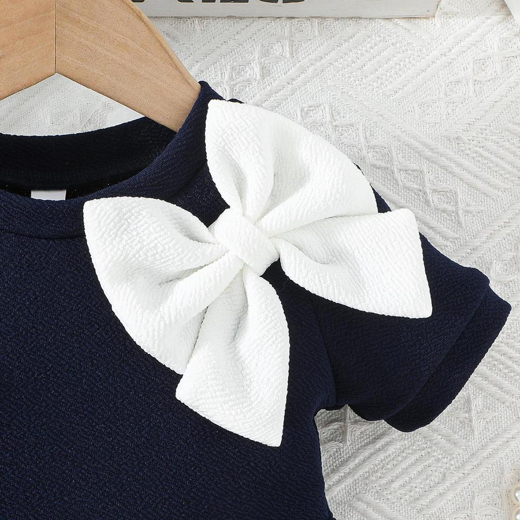 Infant Toddler Short Sleeve Dress with Big Bow, Solid Knit Swing Dress for Daily Wea