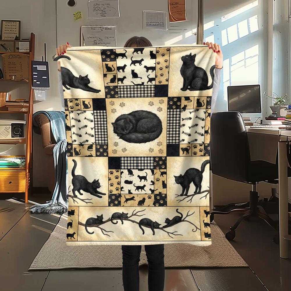 1Pc Patchwork Cat Print Flannel Blanket, High quality Comfortable for All Seasons, Home Decor, Warmth and Comfort, Perfect for Christmas Gifts63