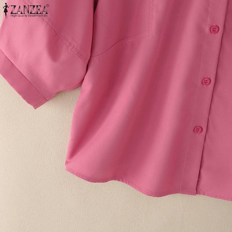 ZANZEA Women Casual Round Neck Loose 3/4 Sleeve Plain Blouse