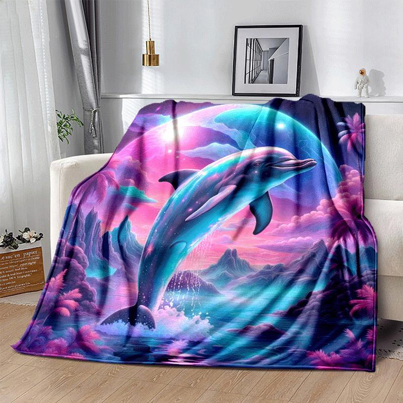 1pc Dolphin Printing Lightweight Flannel Blanket, Comfortable and Warm Blanket, for Camping Sofa Bed and Couch Office, Gift