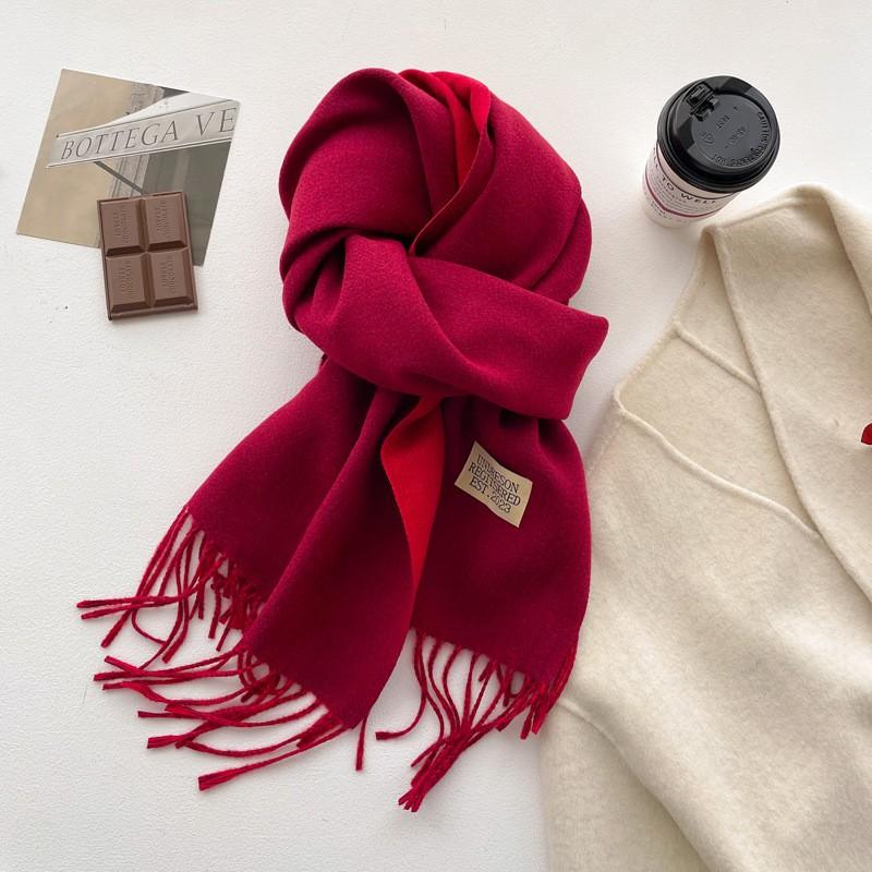 Double-Sided Solid Color Scarf Women Winter Thick Faux Cashmere Wrap Shawl With Tassels Chic Elegant Neck Warmer