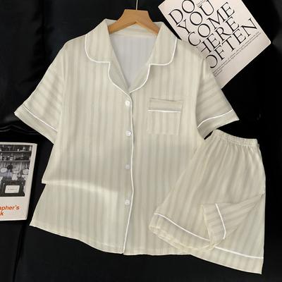 Summer Short-Sleeved Pajamas Women'S Simple Striped High-End Ice Silk Satin Can Be Worn Outside Loungewear Suit