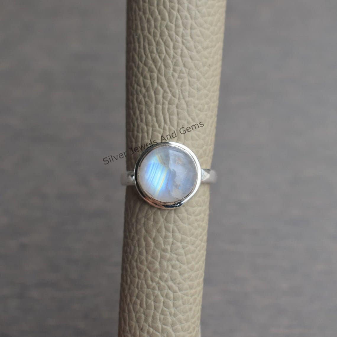 Natural Rainbow Moonstone Ring, Blue Fire