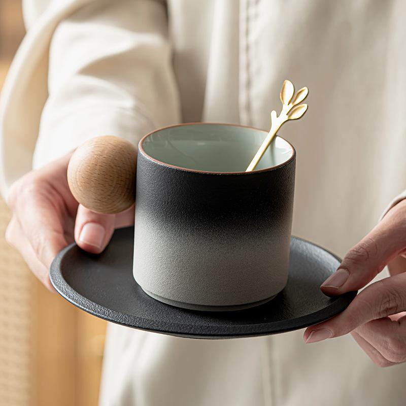 Ceramic coffee cup and saucer set mug black pottery gradient ceramic cups Nordic simple high-value cups