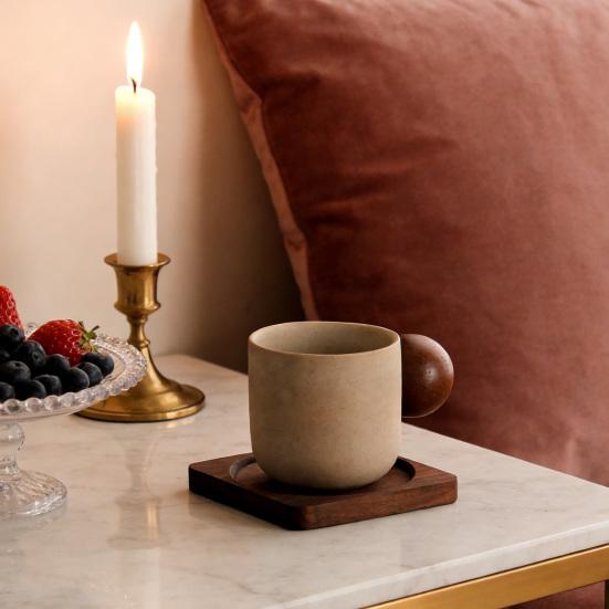 Sada vintage keramických hrnků s dřevěnou rukojetí a podšálkem, objem 150 ml, hrnek na kávu s udržením tepla pro domácnost a kancelář, elegantní dárek pro milovníky kávy