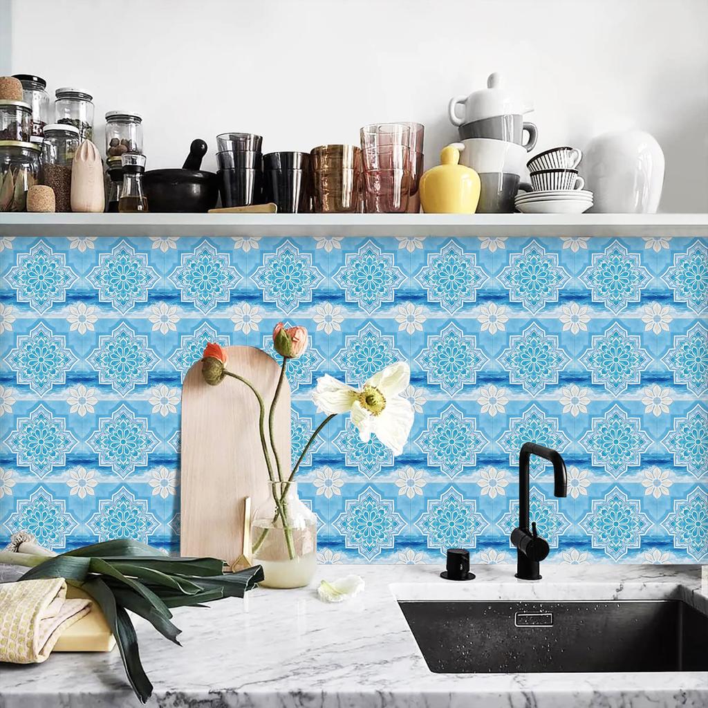 10 Pezzi Adesivi Piastrelle Blu Retro Mediterraneo - Pellicola Cristallo PVC Autoadesivi Decorazioni Murali - Murale Impermeabile da Applicare e Staccare per Cucina Bagno