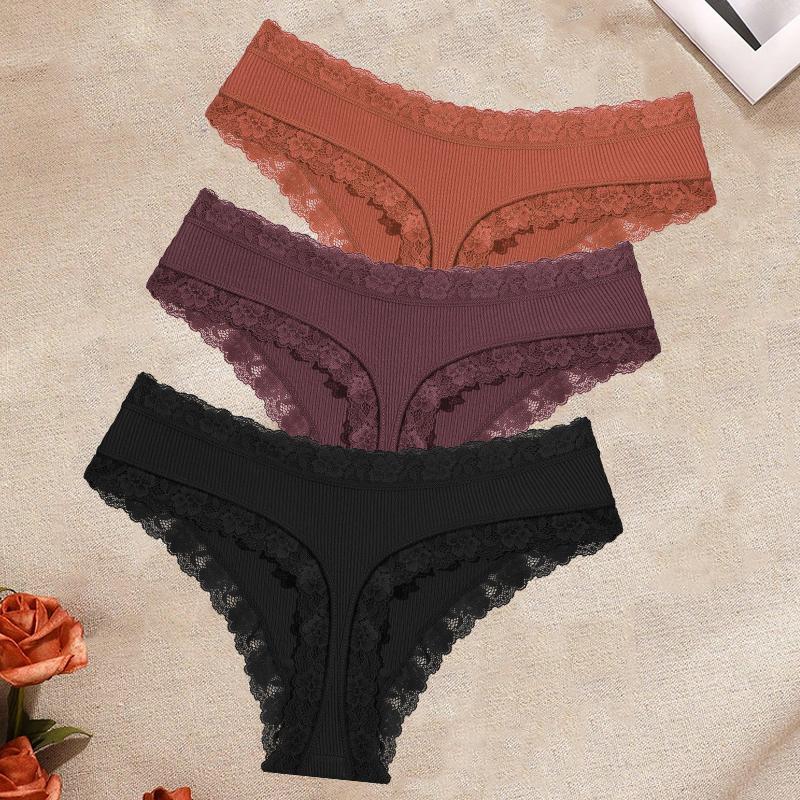 FINETOO 3Pcs/Set Women's Cotton Lace Thongs Underwear Seamless Low Waist Ribbed Breathable Panties Female Soft Comfortable Sexy Lingerie