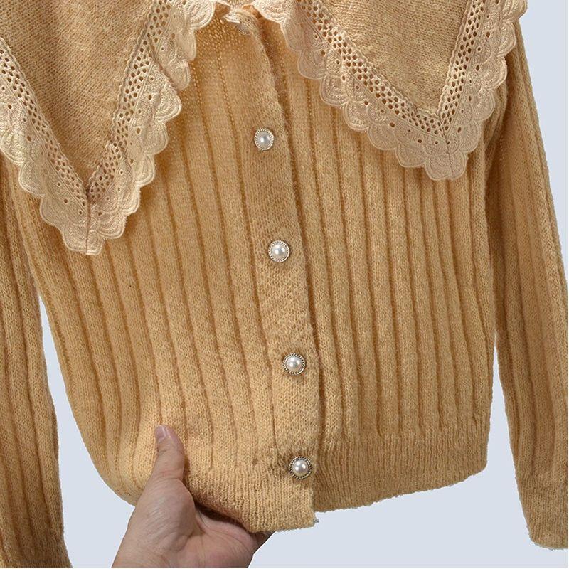 Autumn Doll Collar Pure Color Knitting Sweater Breasted Cardigan Jacket Long-Sleeved Loose and Lazy Style Women's Clothing